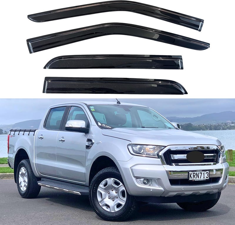 KPY Window Visor Compatible with Ford Ranger SuperCrew 2012-2018, Rain Guard Side Window Vent Deflectors Tape-On Style, 2012 2013 2014 2015 2016 2017 2018, Black - Image 1
